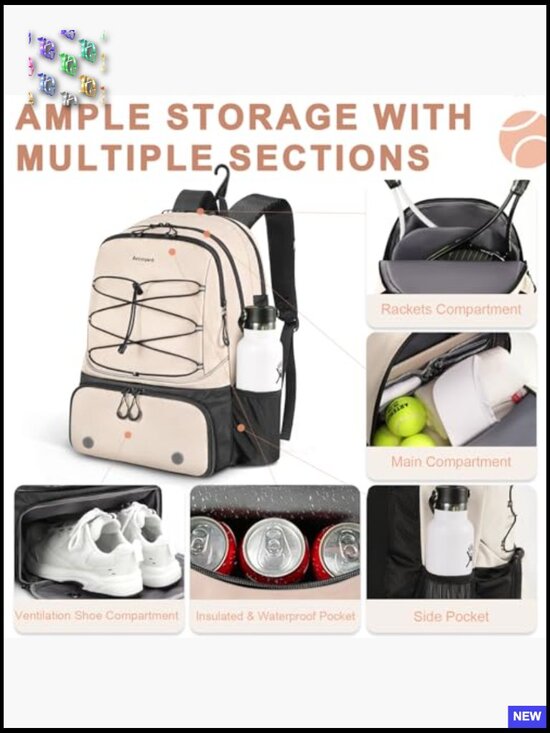 2 Racket Tennis Backpack with Shoe Compartment Waterproof Pickleball Bag